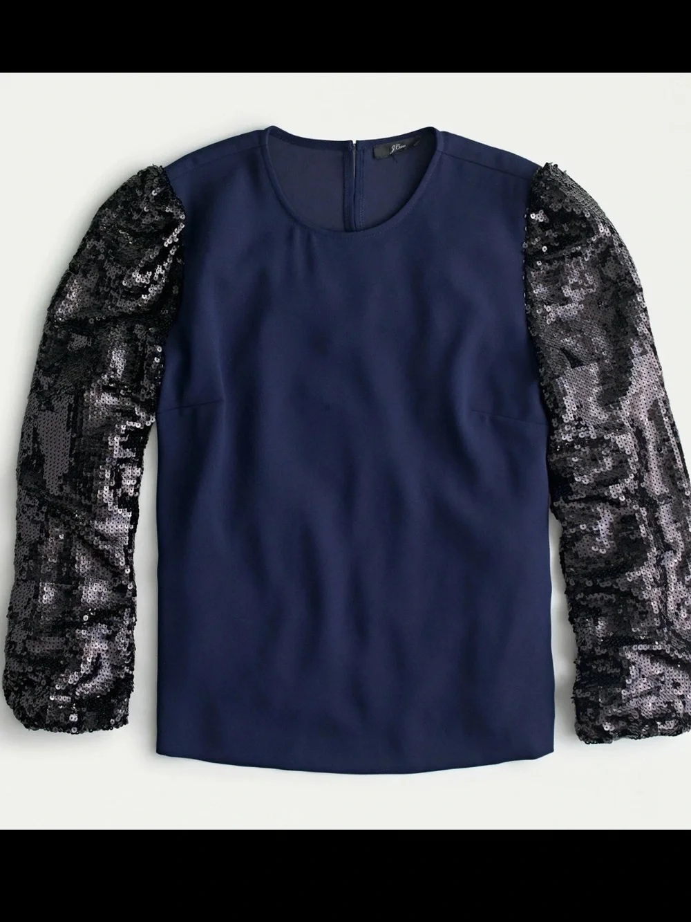 J. Crew Navy Blue Black Sequin Sleeve Formal Party Crepe Blouse Top Size XXS NWT